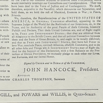 Framed "Declaration of Independence" Boston Broadside from the Printing Office of Edes & Gill in Boston